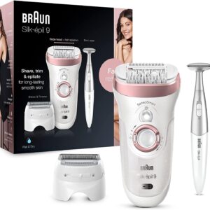 Braun Silk-épil 9-890, Epilierer für langanhaltende Haarentfernung, kabelloses Wet&Dry Epiliergerät für Frauen, inkl. Bikinitrimmer und verschiedene Aufsätze, weiß/roségold