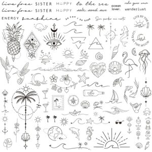 BETESSIN 3 Sheets Temporary Tattoos 2 Weeks – Fake Tattoos with 80+ Sea, Wave, Beach Motifs – Adhesive Tattoos Adults – Waterproof Tattoo for Summer Party, Beach Party and much more