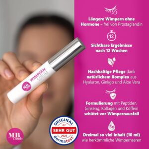 Test Winner 2025: Hormone-Free Eyelash Serum 10 ml with Hyaluron, Collagen, Peptides, Wheat Protein – Eyelash Serum without Hormones Protects and Strengthens Eyelashes. With Aloe Vera, Ginseng and